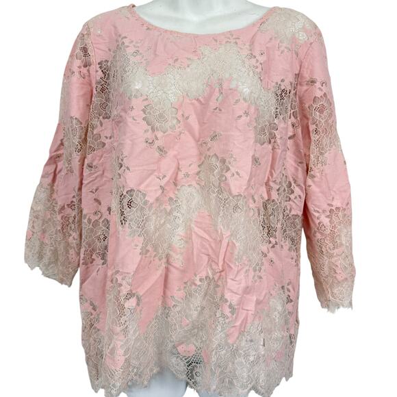Linea by Louis Dell'Olio Pink Lace Sheer 3/4 Sleeve Womens Top Shirt sz 14 - Picture 1 of 16